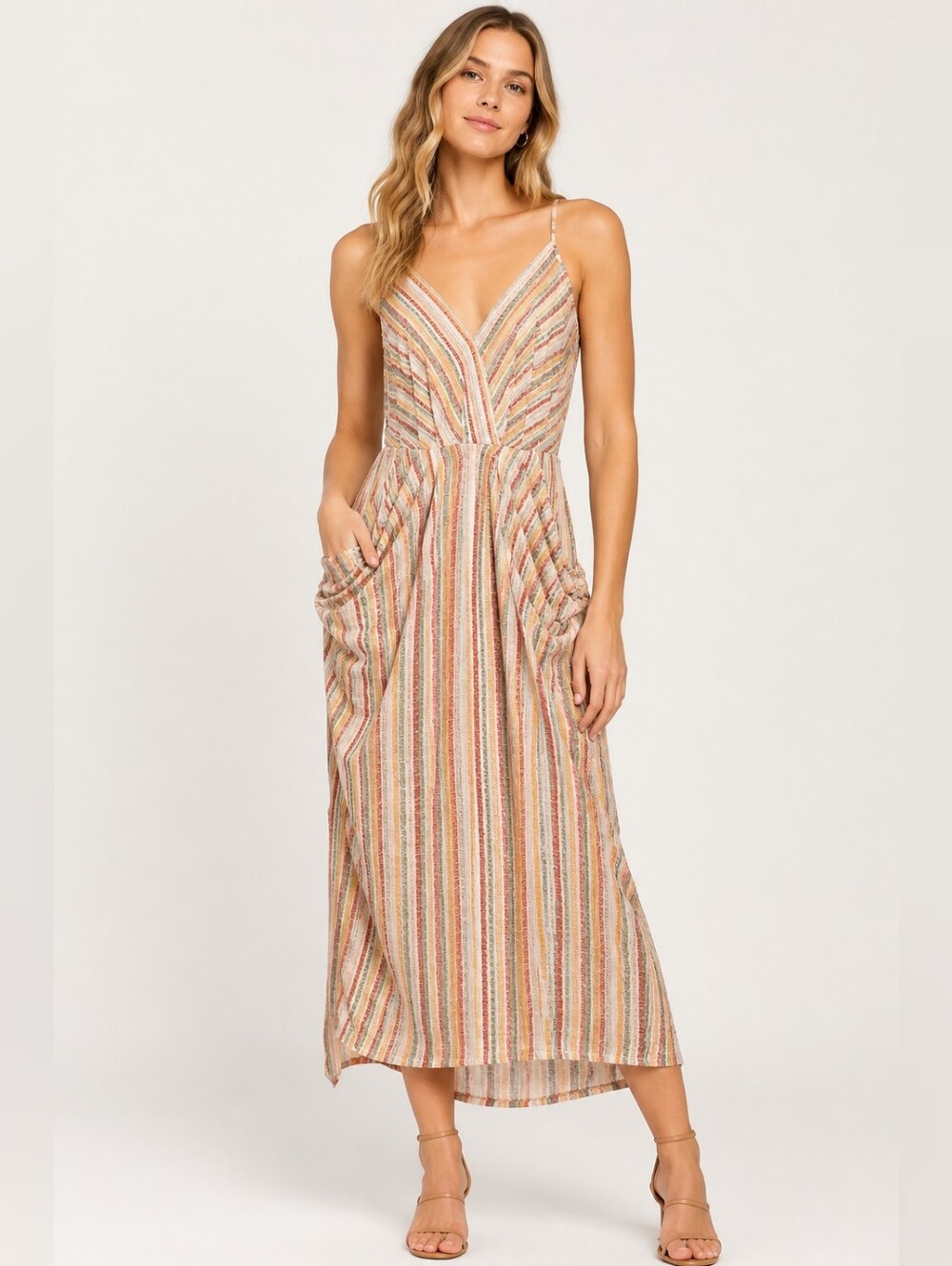 Striped Boho V-Neck Midi Dress with Draped Pockets – Coastal Resort Style